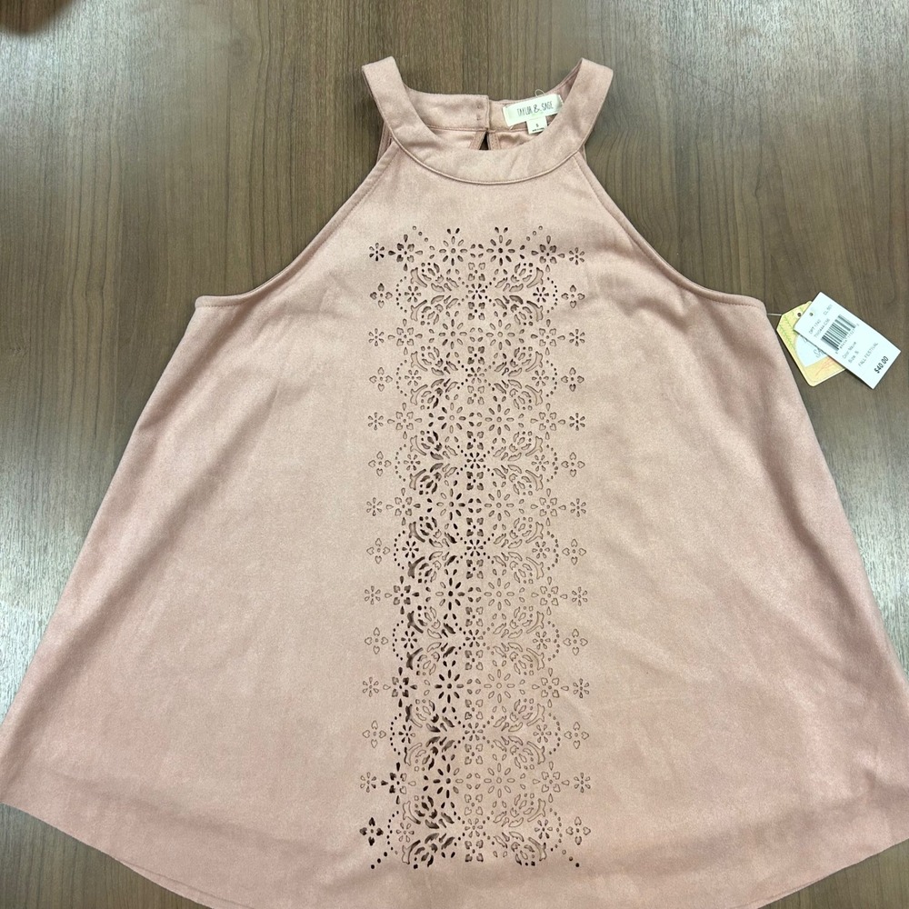 Taylor Sage Mauve S Small Mock Neck‎ Laser Cut Faux Suede Tunic Top